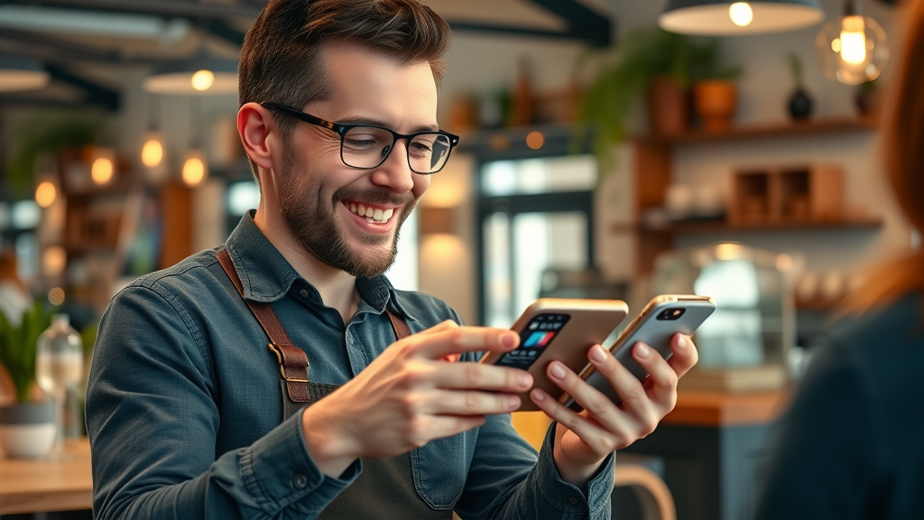 granada hills social media local business owner engaging with customers through a smartphone, responding to social media comments, Granada Hills décor, cozy café background
