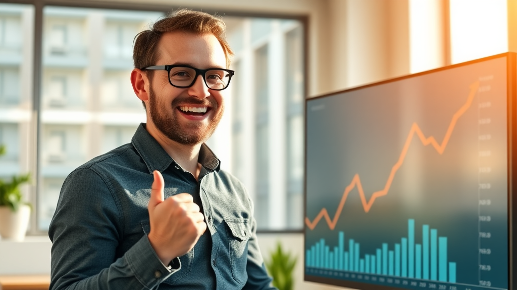 confident entrepreneur achieving financial planning for growth; upward trending graph display