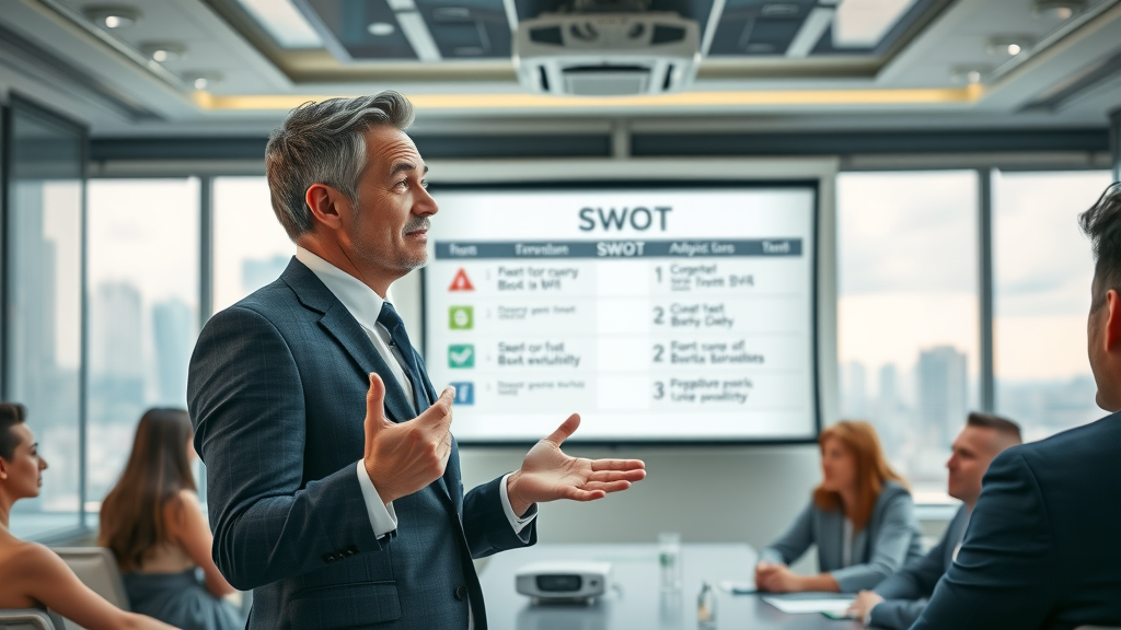 competitive analysis swot analysis business leader presenting chart to team meeting room