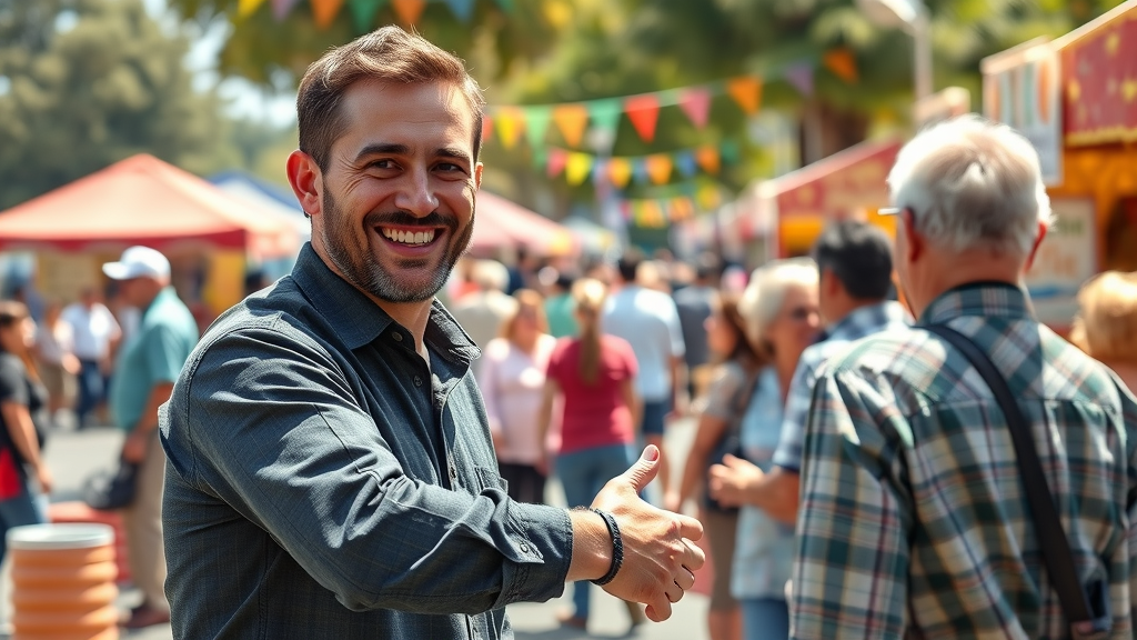Cheerful Granada Hills business owner shaking hands with residents at a vibrant community fair, local business and customer relationship-building in action
