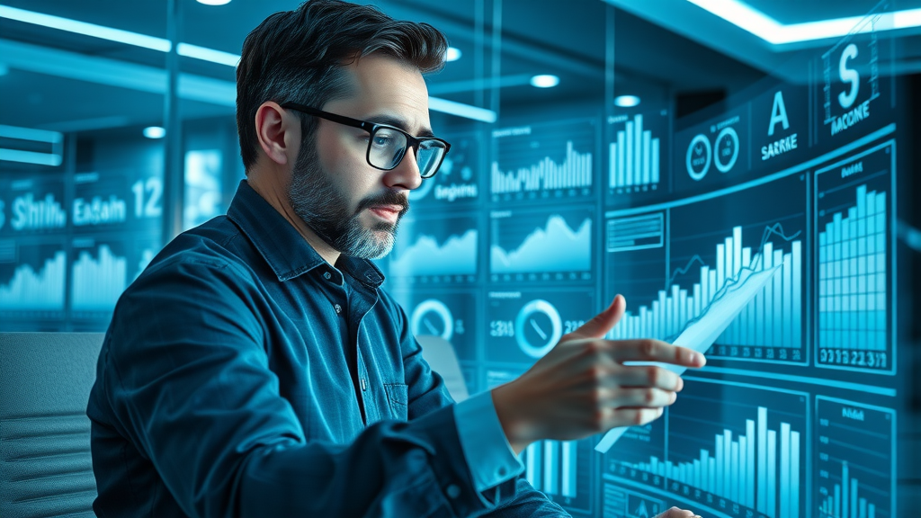 Experienced analyst interpreting data and charts for business growth in a futuristic office setting