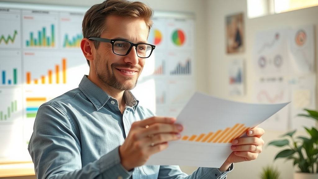 small business owner reviewing cost-effective marketing growth charts