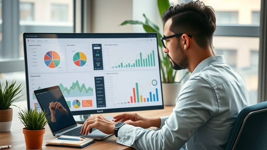 Analytics dashboard with business owner analyzing graphs - data-driven online marketing benefits