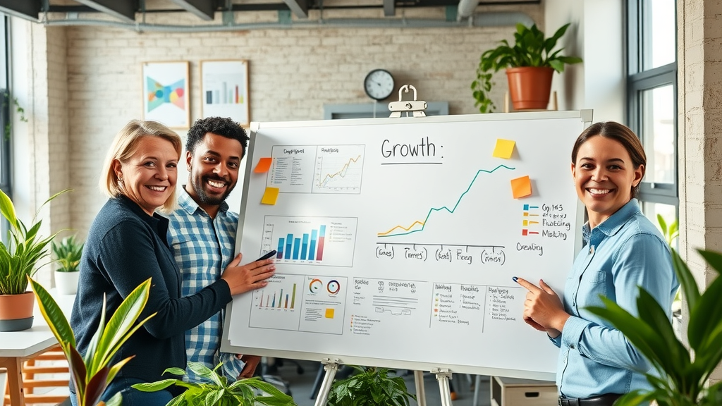 Motivated Granada Hills business team mapping out a growth plan on a large whiteboard in a sunlit, modern workspace, preparing for local business scaling