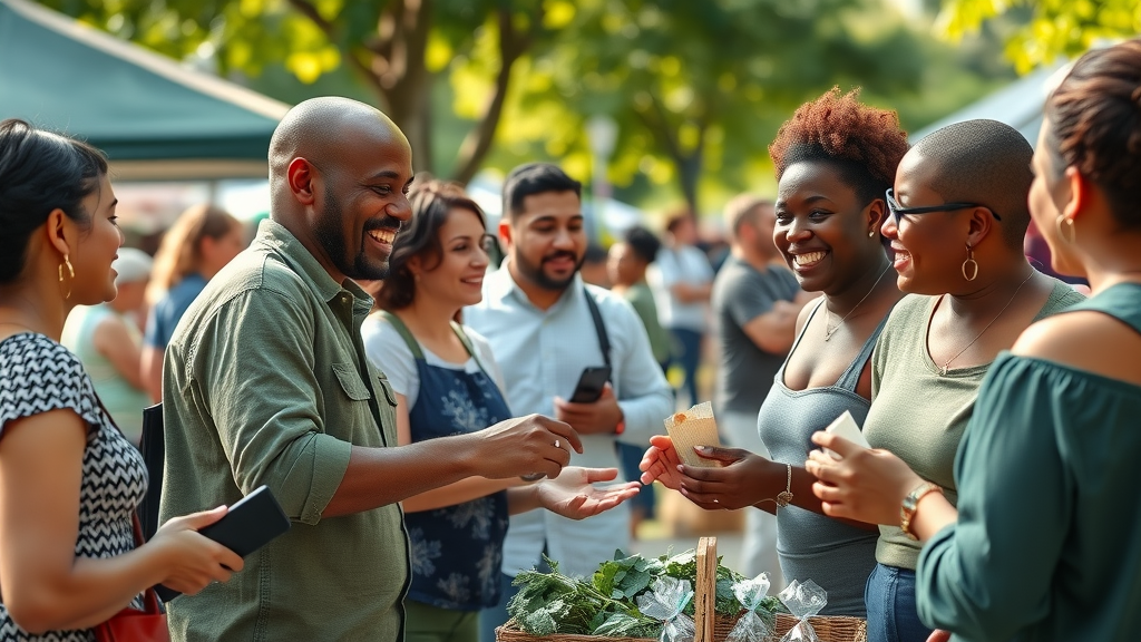 local business marketing event - diverse community members interacting at a local outdoor market event