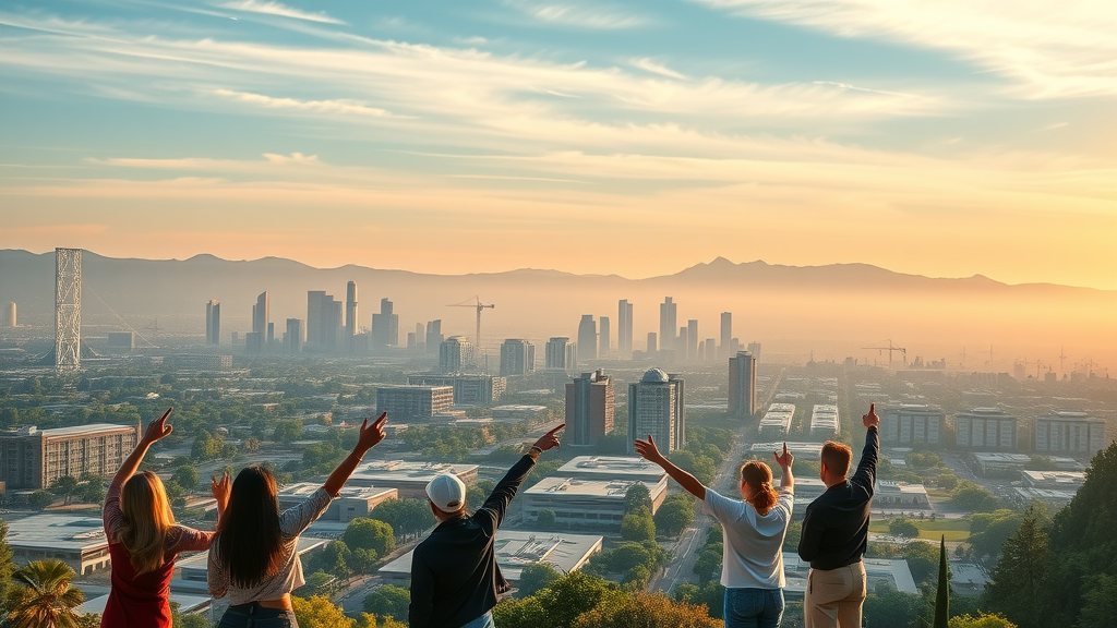 future vision of granada hills business development, skyline with modern buildings, green spaces, and solar panels, community members pointing toward progress