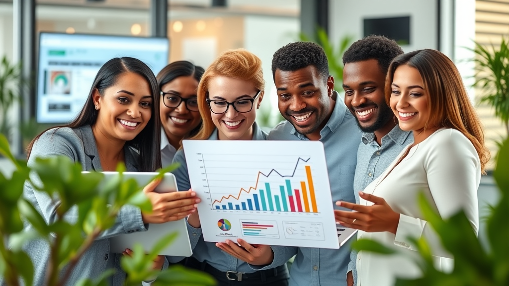 Digital marketing for small business owners gathered together reviewing growth charts