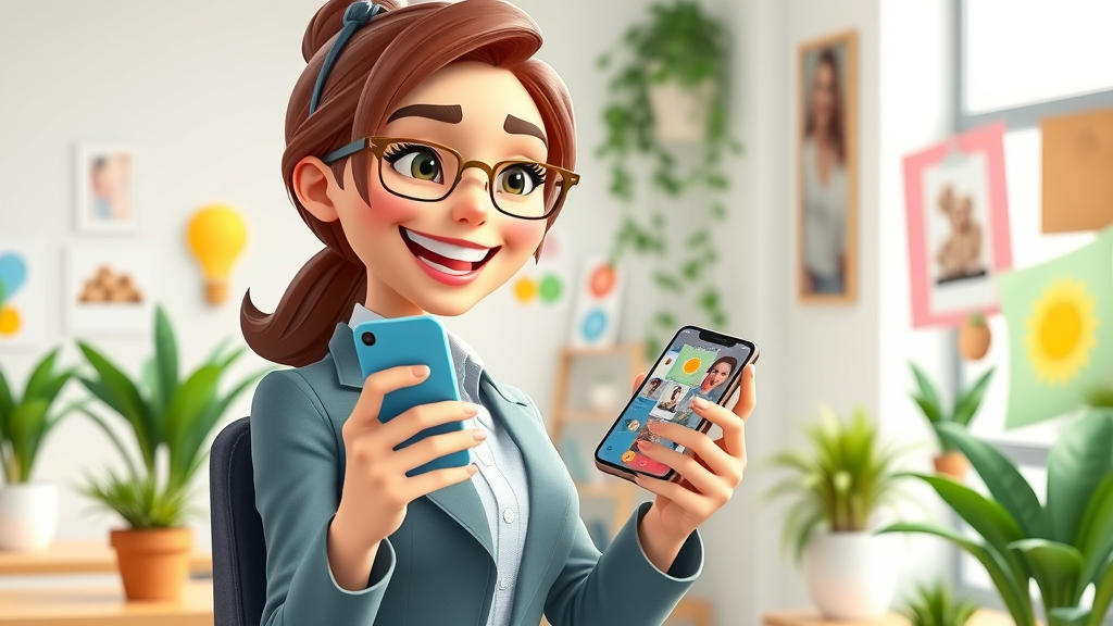 Energetic businesswoman using smartphone for social media marketing in a colorful coworking space.