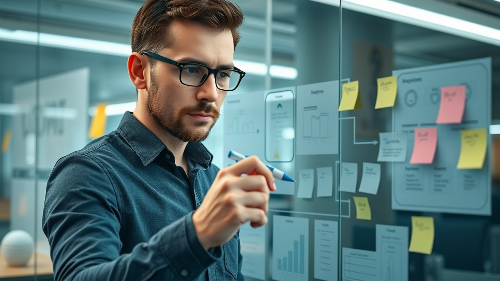 Scaling small business: business owner analyzing scalable business model on a glass board with diagrams and notes
