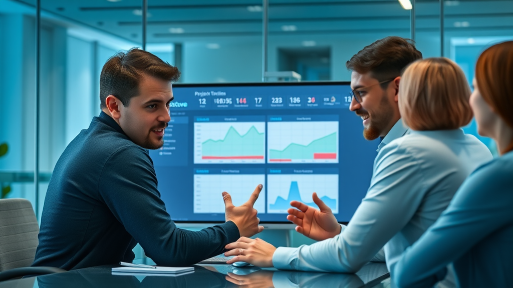 Small business team collaborating over a digital project management dashboard in a tech-forward meeting space.