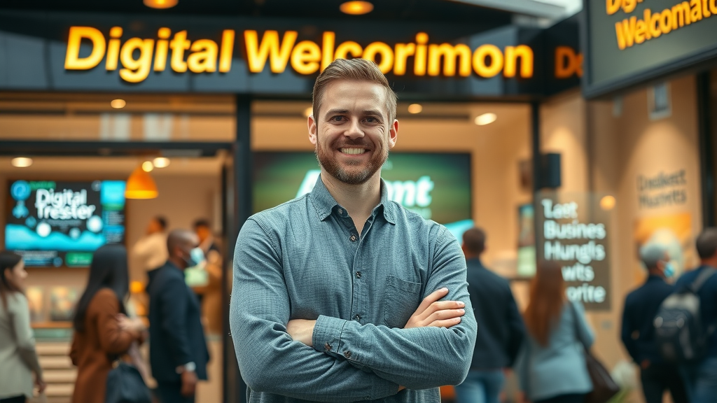 Small business owner embracing digital transformation with online marketing screens