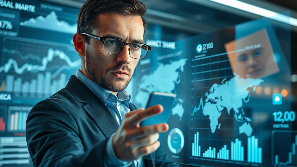 competitive analysis market share graphs transparent screen high tech workspace