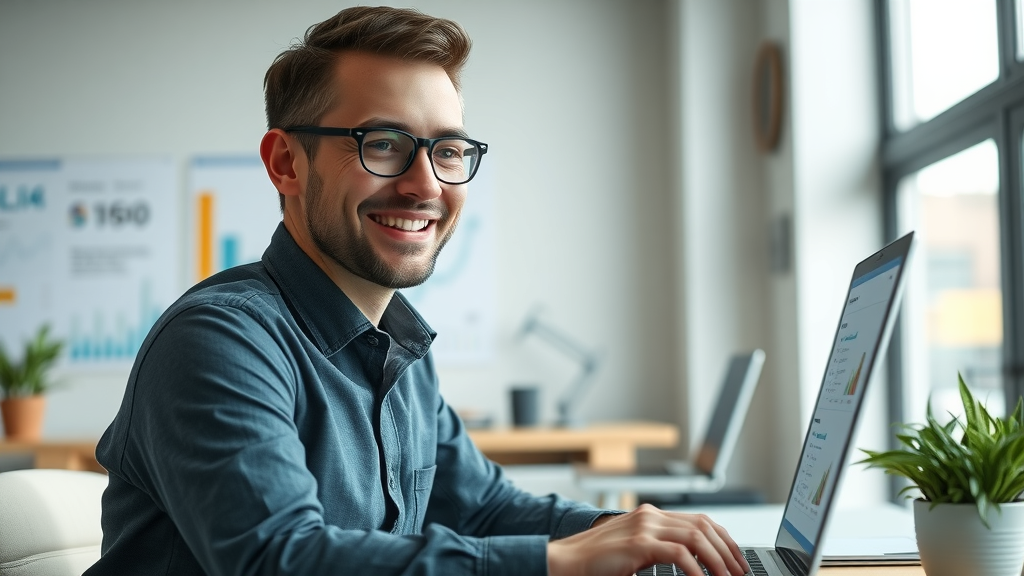 Confident small business owner reviewing website analytics for SEO for small businesses in a local office setting