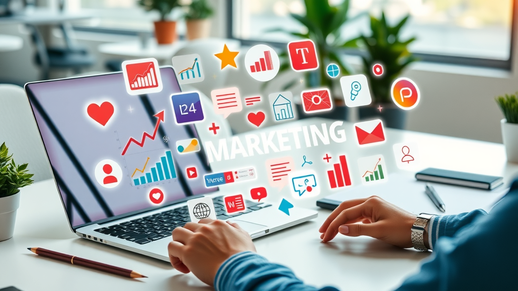 Collage of essential small business marketing tools laid out on a desk