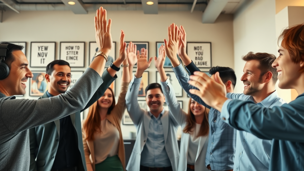 Diverse team high-fiving in a modern office, celebrating successful small business management.