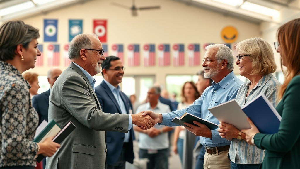 north valley coalition and granada hills business development regional partners networking in a bright community hall, banners and group discussion