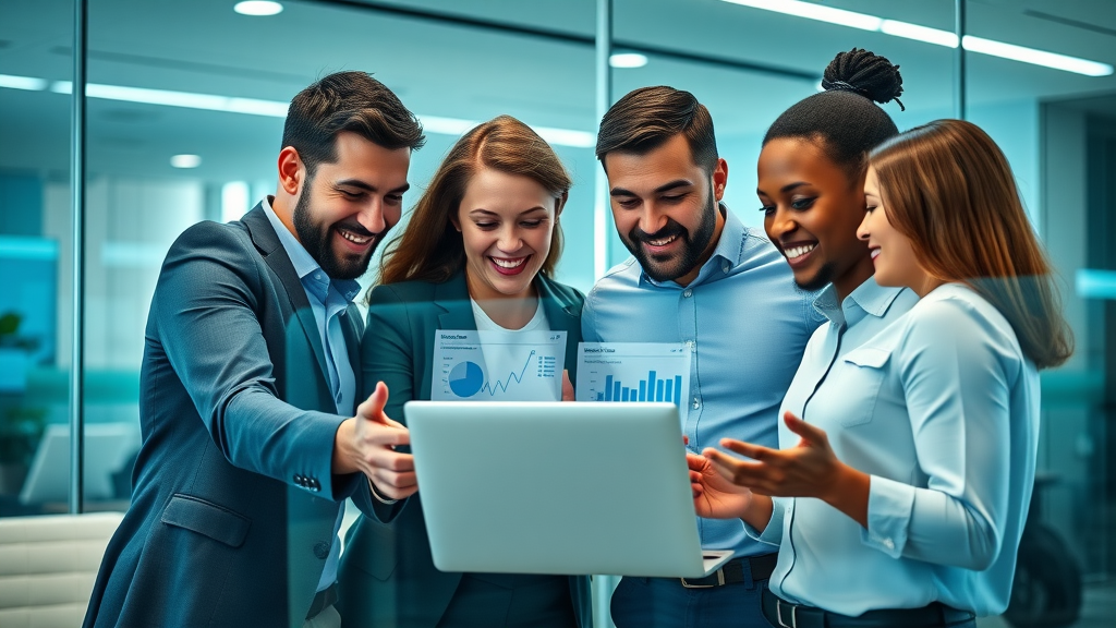 social media marketing analytics team collaborating in modern office