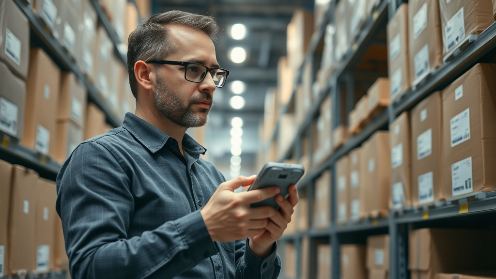 Small business manager inspecting organized inventory shelves with digital scanner in efficient warehouse.
