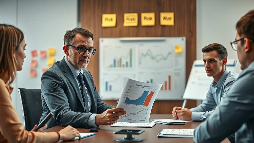 pragmatic executive evaluating risk management strategies for business expansion in a conference room