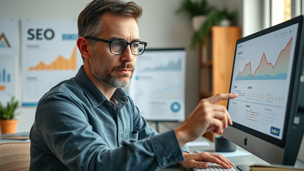 search engine optimization for small business - owner examining SEO rankings and website analytics in a modern workspace