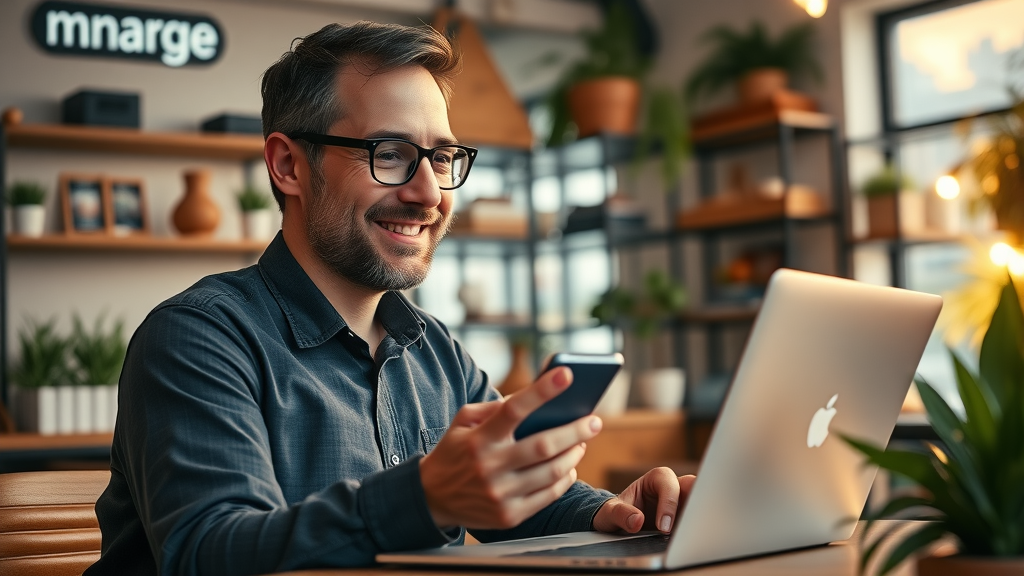 digital marketing for small businesses - small business owner reviewing online analytics and marketing ROI, cozy branded shop setting