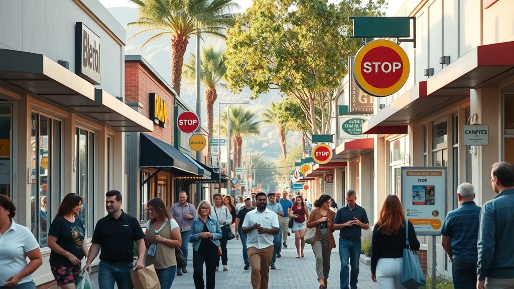 Granada Hills commercial street with small business owners and diverse customers, vibrant and organized morning scene, natural color tones, mountains and trees in the distance, bustling local activity