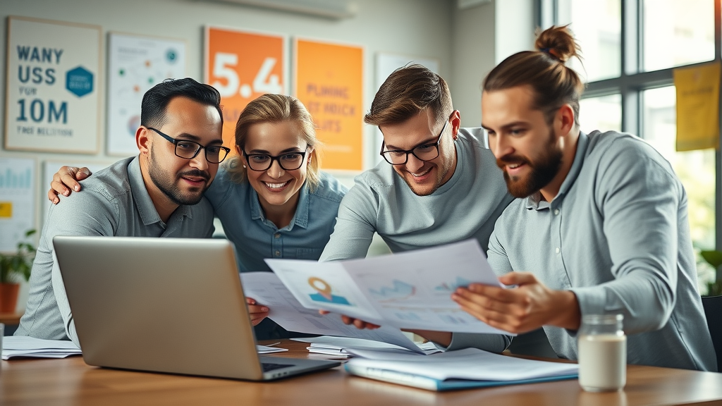 entrepreneurship growth hacks startup team collaborating over laptops and charts