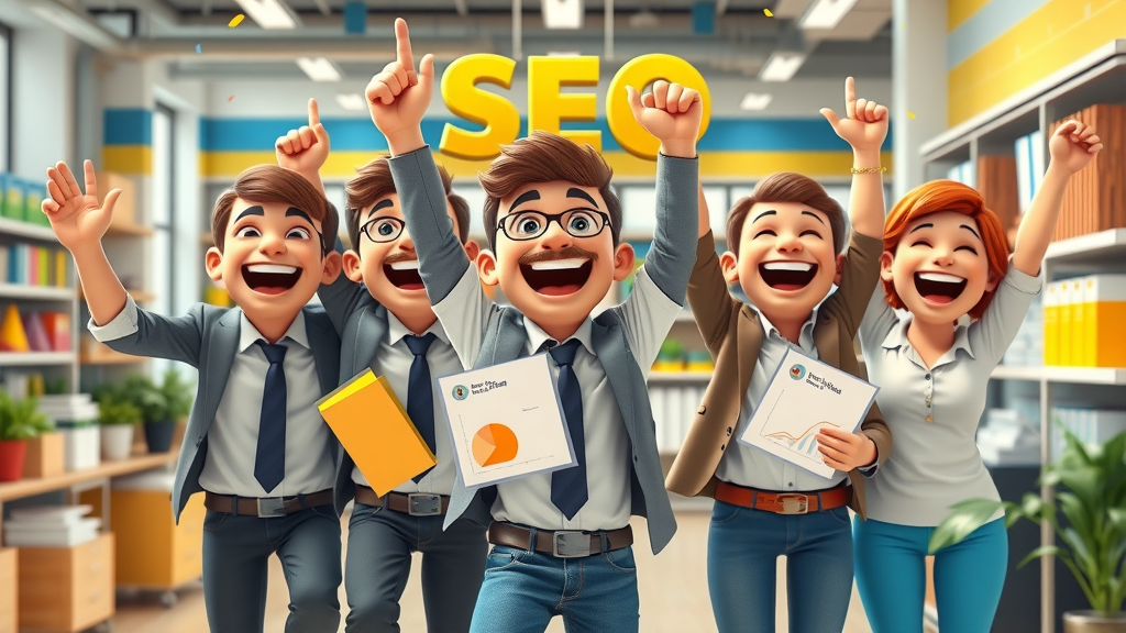 Small business retail team celebrating SEO results and search engine success