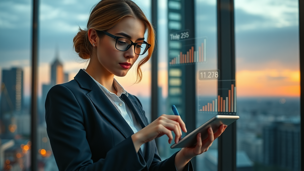 analytical businesswoman tracking KPIs for business expansion techniques on a tablet