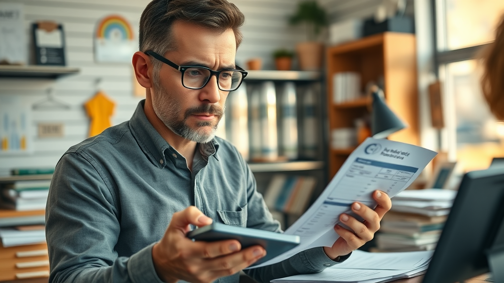 Small business owner reviewing financial documents, calculator and charts in a neat Granada Hills back office, focused on avoiding cash flow mistakes