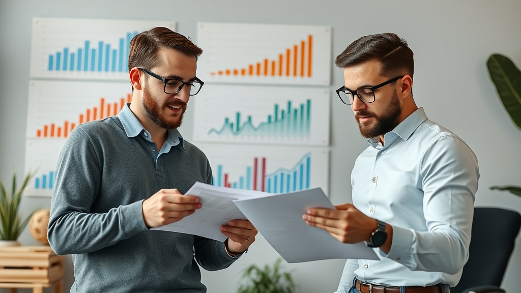 Entrepreneurs reviewing case study business growth hacks charts and results