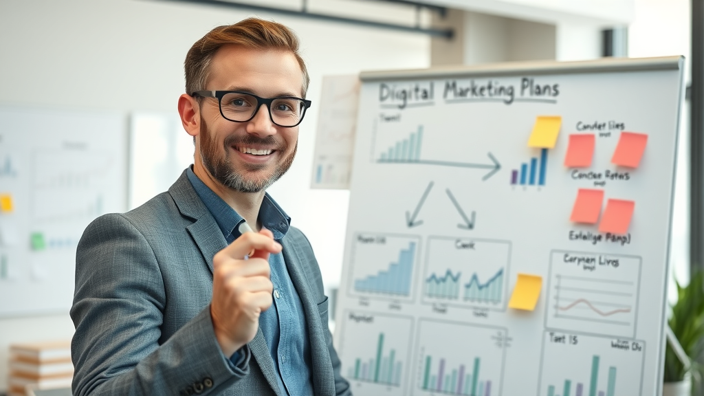 Marketing strategist creating digital plan on whiteboard - crafting powerful small business marketing strategies