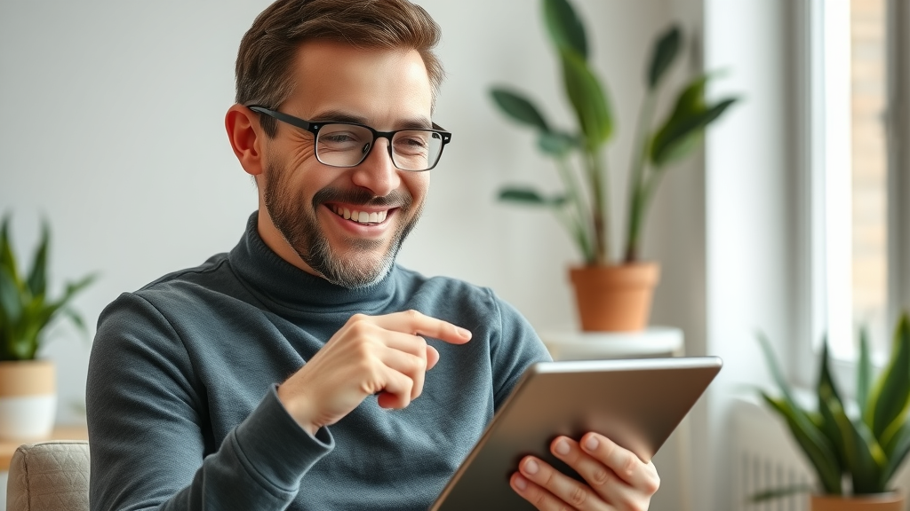 Satisfied customer leaving positive feedback on tablet device after digital engagement, customer satisfaction