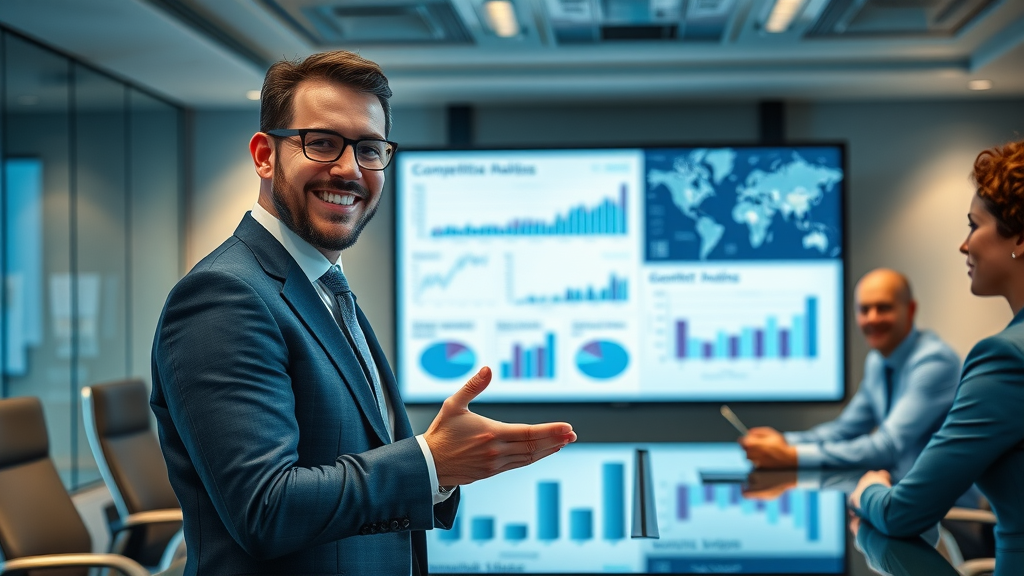 competitive analysis report presentation modern boardroom presenters stakeholders graph