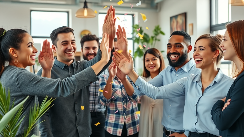 Scaling small business: diverse team celebrating company culture achievement, high-fives, sunlight and vibrant office scene