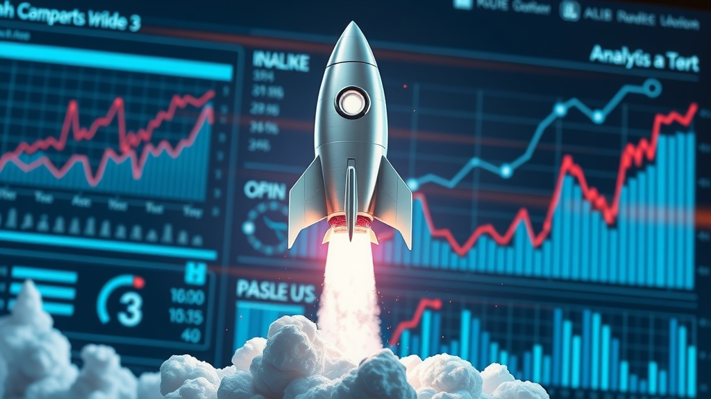 animated rocket launching with digital analytics overlays for digital marketing campaign