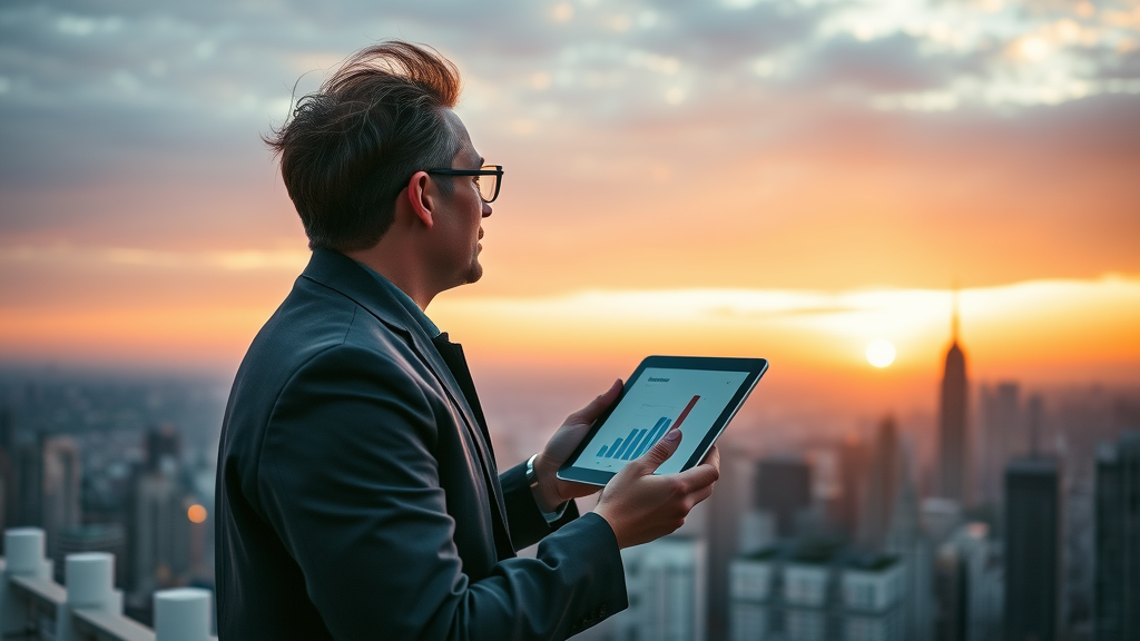 business visionary contemplating future business expansion techniques with a tablet showing growth projections