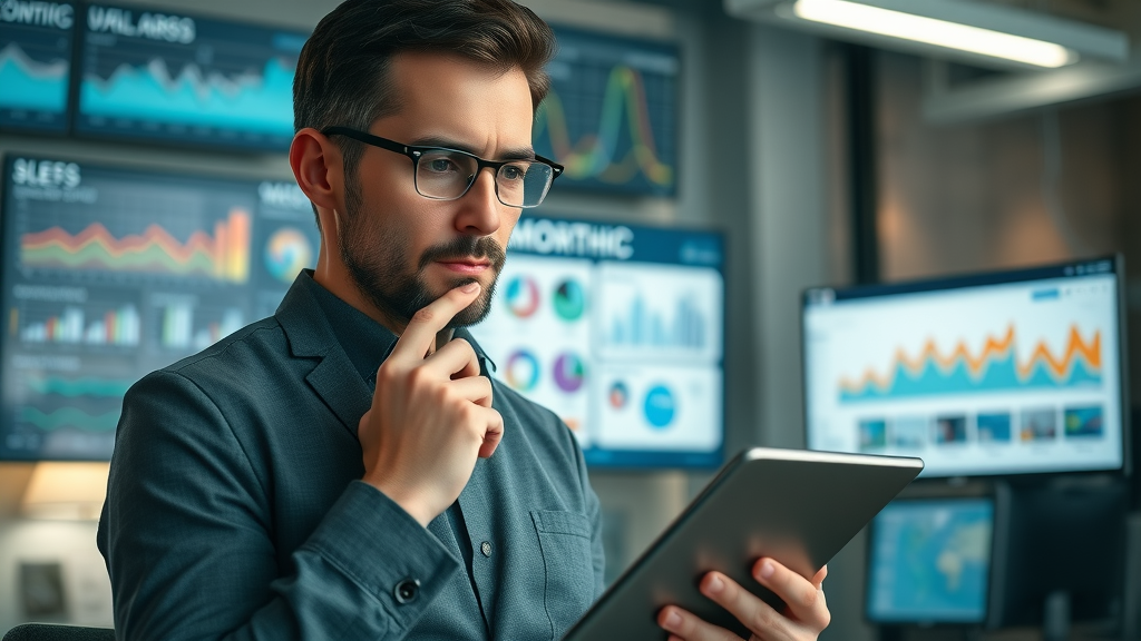 Small business owner analyzing digital marketing target audience and demographic data