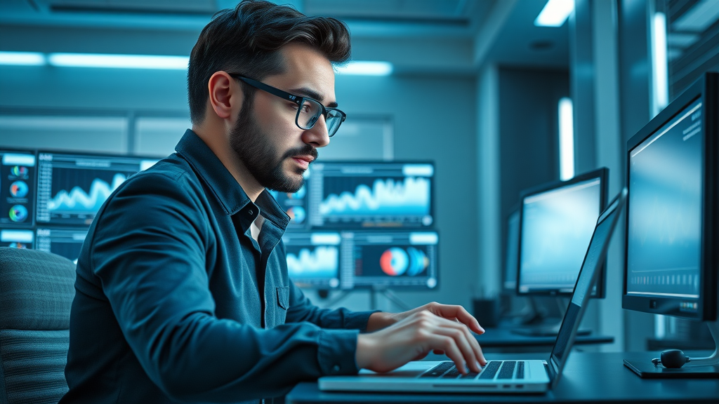 Modern entrepreneur focusing on digital marketing, optimizing website analytics on a laptop in a sleek Granada Hills office, digital strategies in action