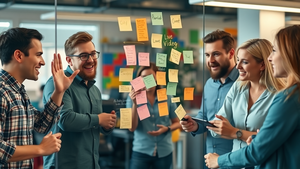 content marketing for small business - creative team brainstorming blog, video, and engaging content ideas in a vibrant office