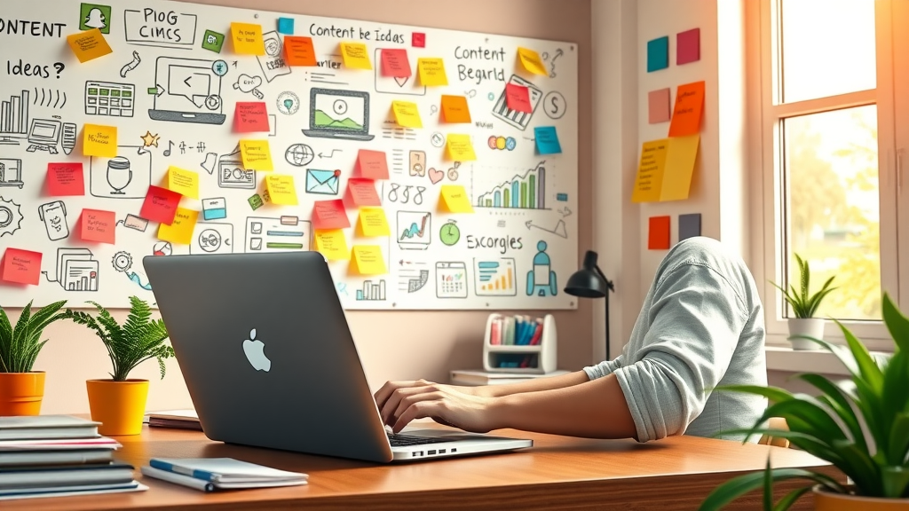 colorful workspace showing digital marketing content ideas for social media campaigns and marketing strategy