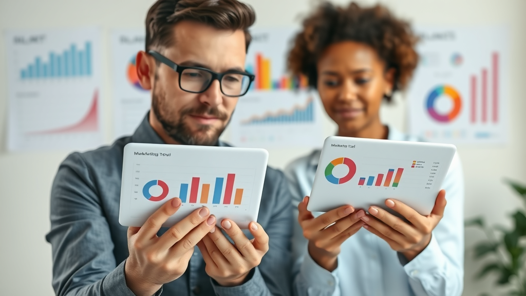 Small business owner analyzing ROI of digital marketing tools with budget charts