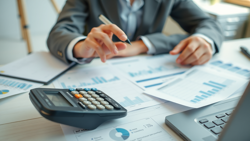 Professional accountant calculating cash flow with a calculator and spreadsheets in an organized office.
