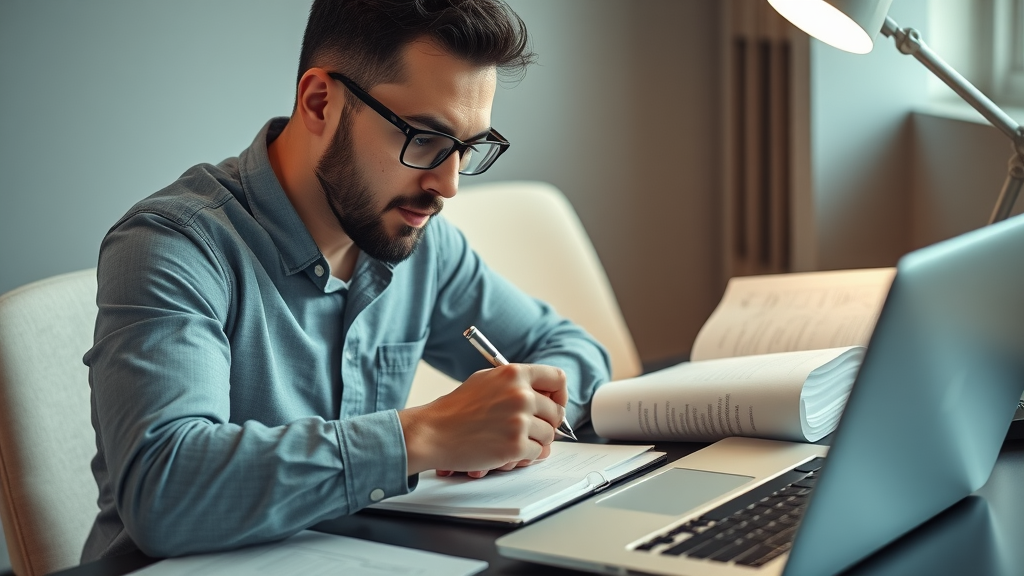 Entrepreneur drafting a business plan at a workspace with financial documents and laptop in view.