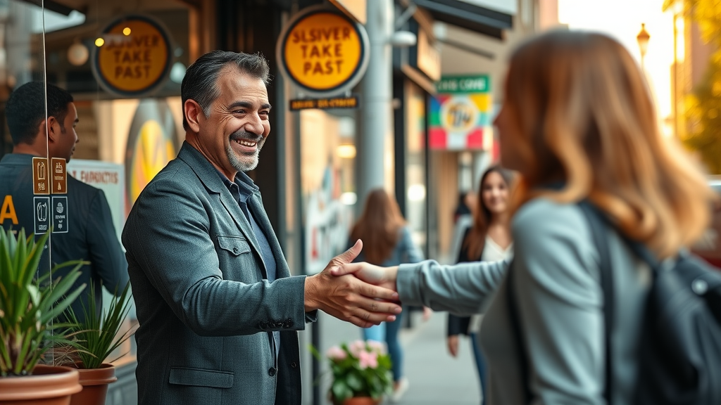 Friendly business owner greeting customers at a vibrant storefront, symbolizing customer loyalty in small business management.