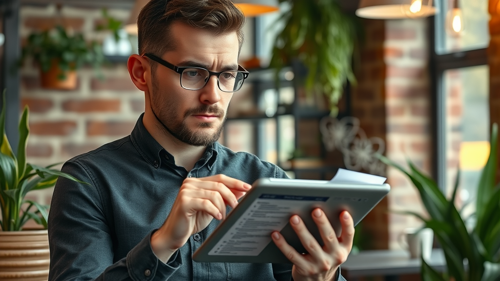 Inquisitive Granada Hills small business owner browsing FAQ on a tablet in a cozy cafe, seeking answers to local business scaling questions