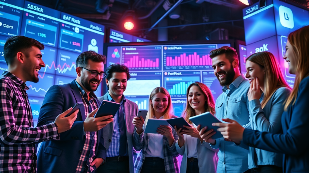 Digital marketers analyzing social media engagement strategies on screens, high-tech workspace, digital customer engagement