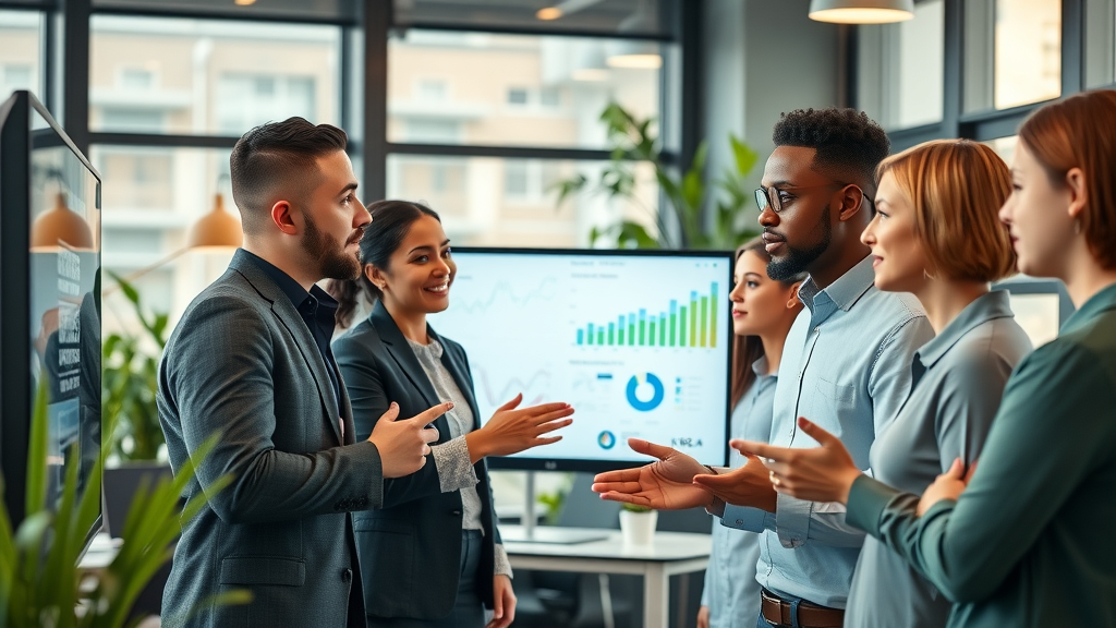 Modern office workspace, diverse small business team analyzing digital marketing analytics on large monitor - online marketing benefits