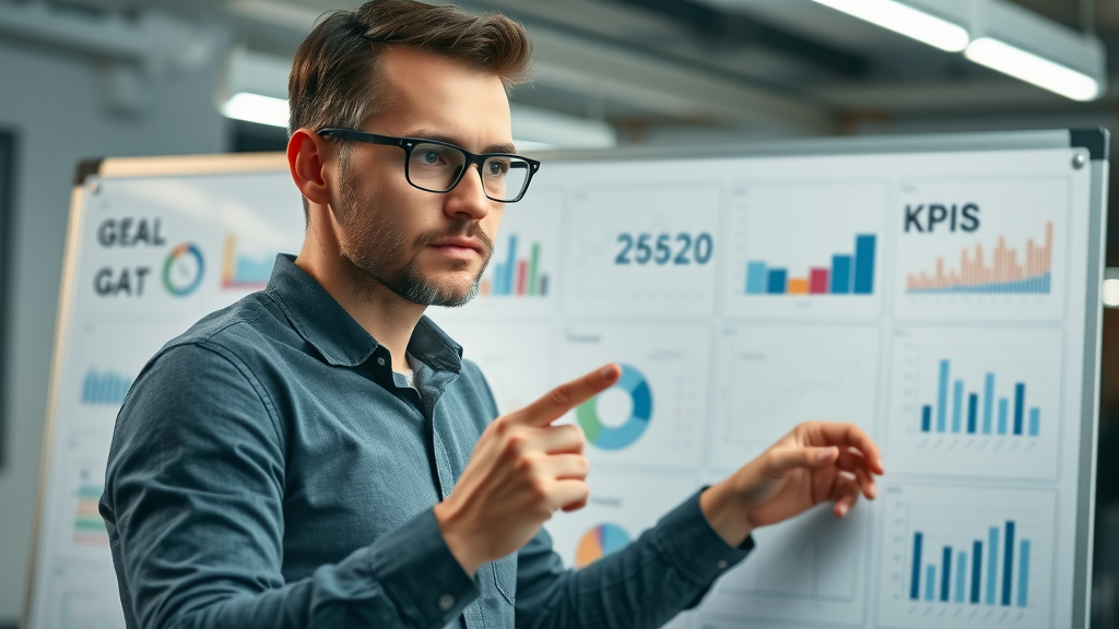 Organized marketer mapping goals and KPIs for small business marketing plan