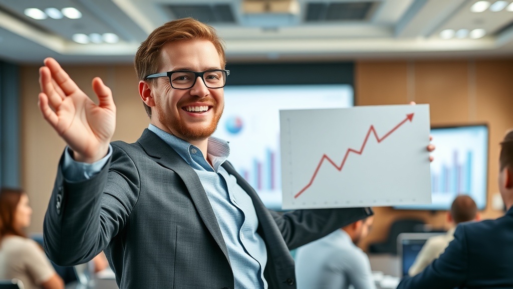 Successful entrepreneur presenting growth charts - innovative small business marketing